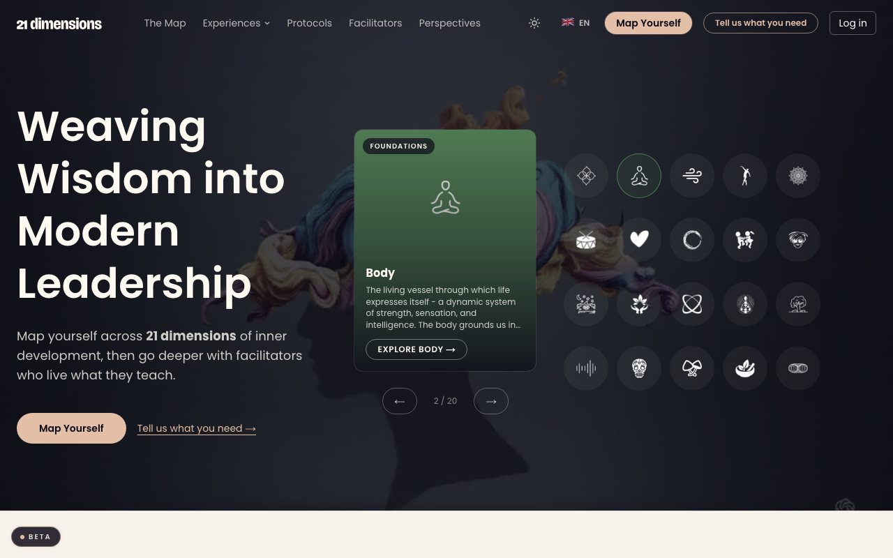 Startsidan på 21dimensions.com med en karta över 21 dimensioner
